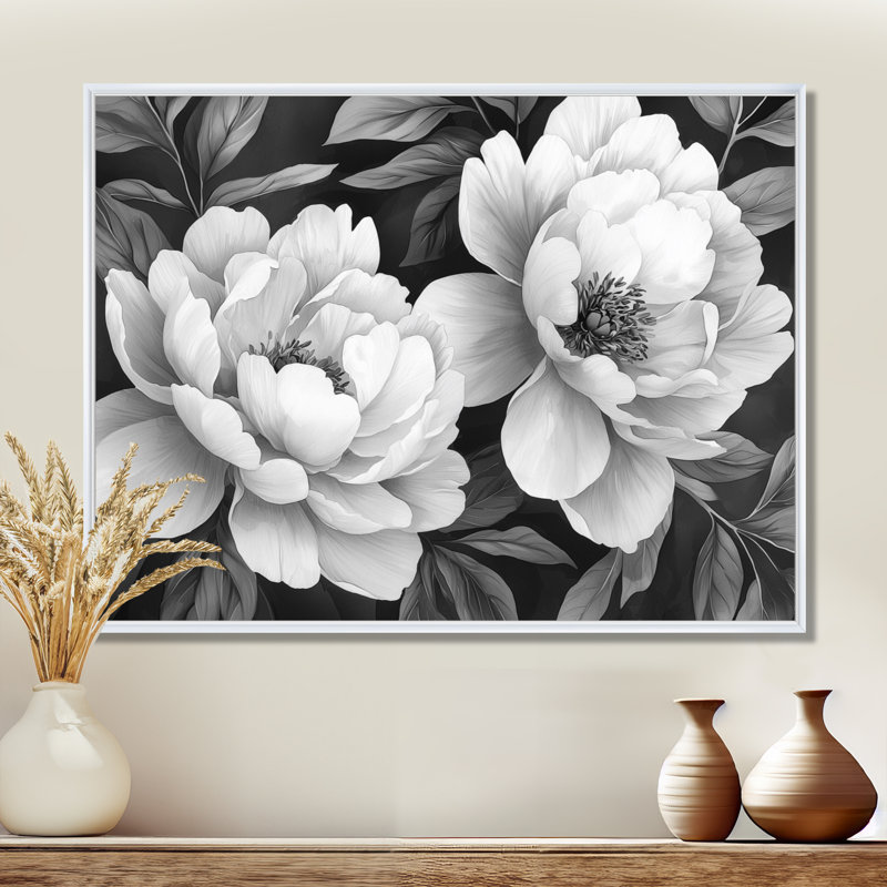 Illias pivoines en gris classique I - pivoines, art mural, H 30 po x l 40 po, Impression encadrée flottante, Blanc