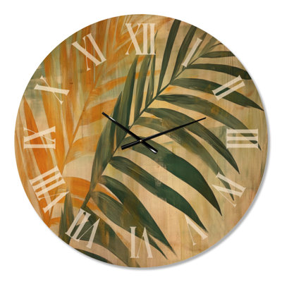 Horloge murale botanique verte à motif de palmes tropicales I, imprimée sur bois