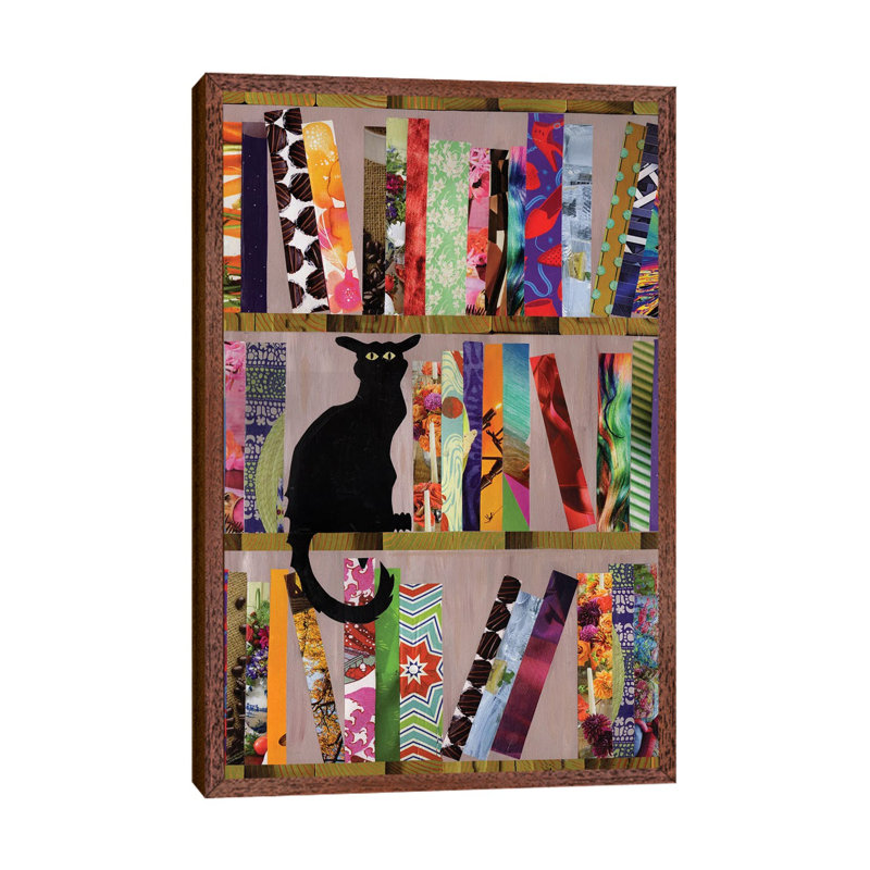 Bookcat by Artpoptart - Wrapped Canvas Print, 101.6 cm H x 66.04 cm W, Classic Brown Wood Framed