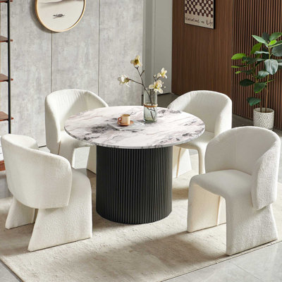 5-Piece Dining Table Set, Wood Top, Faux Fur Armchairs