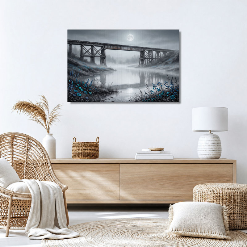 Tableau sur toile représentant un pont de bois au clair de lune orné de fleurs bleues, 16"H x 24"W