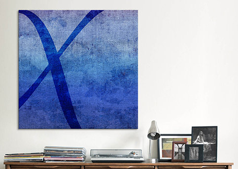 « teinte », art textuel sur toile en bleu, H 18 po x l 18 po x P 1,5 po, X