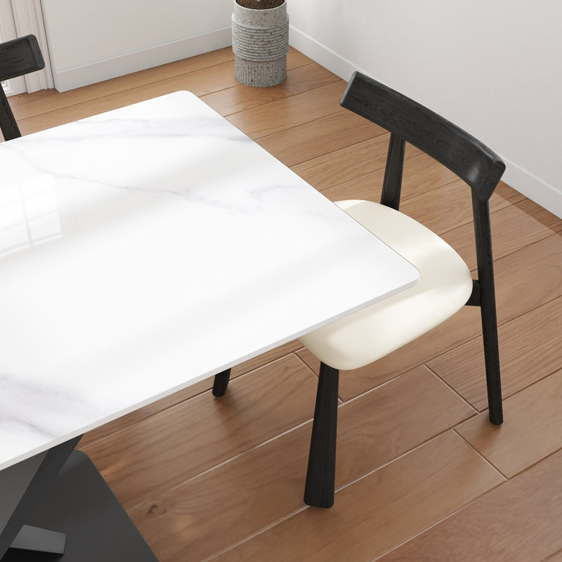 7-Piece Modern Rectangular Sintered Stone Dining Table Set With 6 Faux Leather Chairs, Beige/Black, Snow White