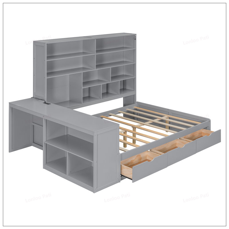 Lit de jour en bois avec trois tiroirs, bureau, tablettes et lumières UnaNoxa, gris