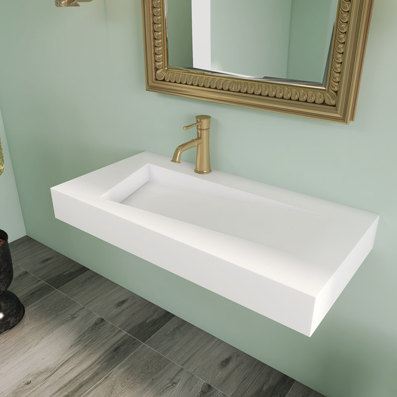 35 po x 18 po Lavabo vasque de salle de bain mural à surface solide avec trou de robinet en blanc mat