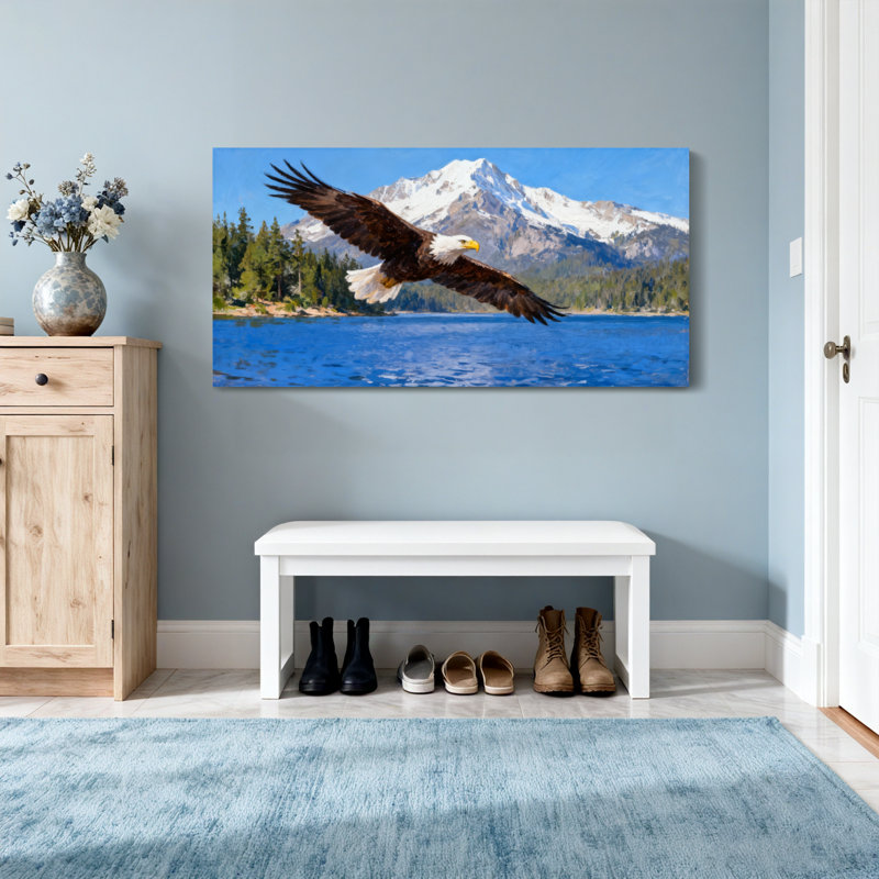 Animaux, aigle à tête blanche planant au-dessus d'un lac de montagne, H 16 po x l 32 po