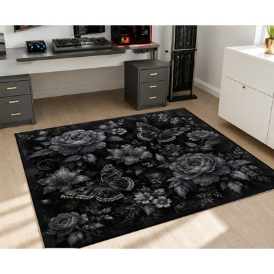 Tapis lavable à motif floral papillon gothique, noir et gris vintage, surface en velours, doux et antidérapant, décoration intérieure moderne pour salon, chambre, entrée, bureau, balcon, appartement