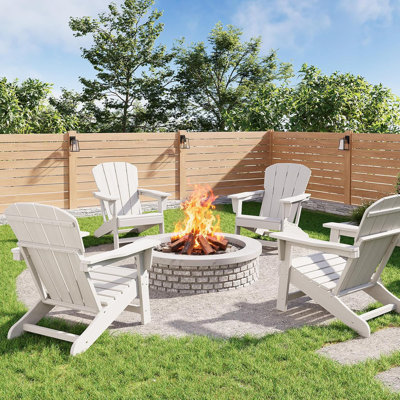 Ensemble de 4 chaises Adirondack modernes en plastique PEHD - Chaise de foyer d'extérieur surdimensionnée en polyuréthane résistant aux intempéries de 380 lb - Chaises de patio extérieures en bois texturé pour terrasse, piscine, porche - blanc