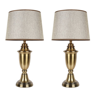 Antique Brass Table Lamp With Linen Shade (Set Of 2) Height: 68Cm / 26.7In