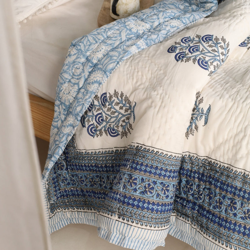  Couvre-lit 100% coton Mughal Florals, Bleu