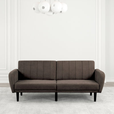 Convertible brun moderne avec coussins, accoudoirs souples et pieds en bois brun, dossier cannelé, pieds en C