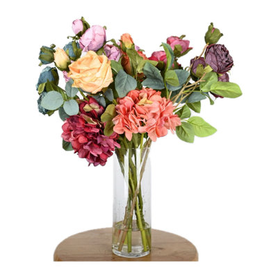 Artificial Farmhouse Peony Hydrangea Floral Arrangement In Vase, Long Stem Leafage Faux Flower With Faux Water For Dining Table Centerpieces, Home Wedding Party Decor Indoor