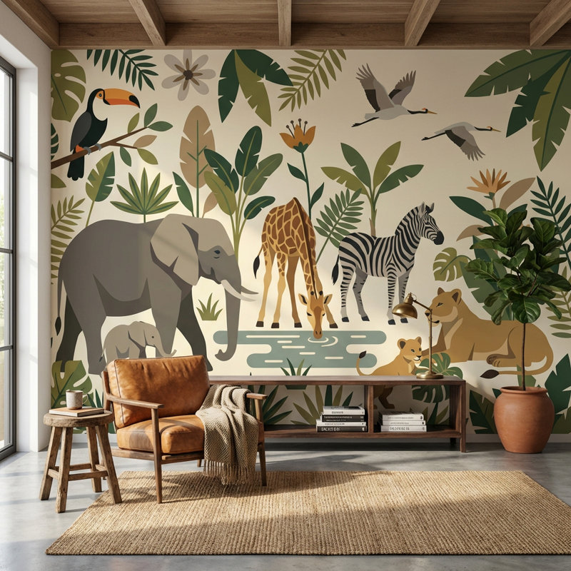 Papier peint animaux de la jungle, nature tropicale, 140 po x 108 po, Peler et coller