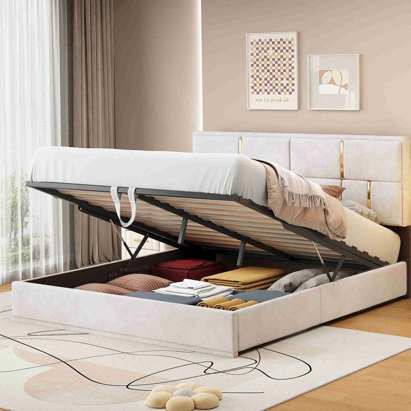 Grand lit plateforme tapissier avec système de rangement hydraulique, sans sommier tapissier, beige, Beige
