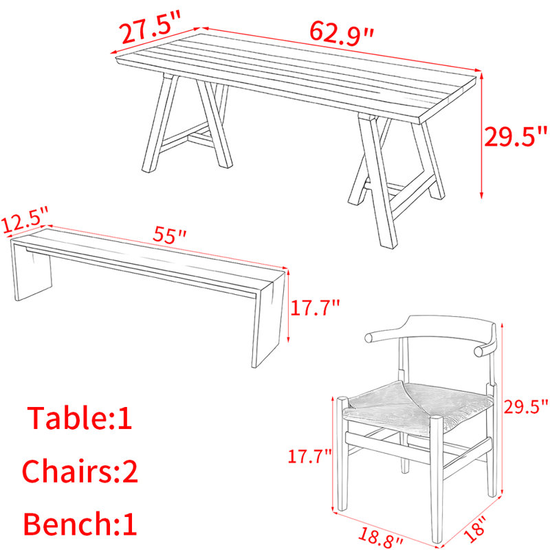 Ensemble de table à manger moderne et simple en bois massif, H 29,5 po x L 62,9 po x l 27,5 po