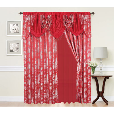 GLORYRUGSJacquardLuxuryRedSilverCurtainSet withValance andBacking,110x84Inches forBedroom,Living