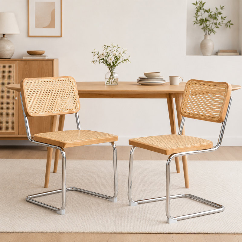 19.3" H Mid-Century Modern Cantilever Dining Chair with Cane Back and Seat, Metal Frame , Silver, Burly Wood 1