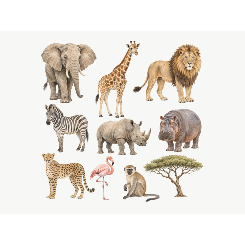 Soft Safari Animal Wall Decals, Set of 10 Peel and Stick Nursery Wall Stickers, Satin Finish Removable Kids Room Wall Art, 20"W x 20"H (50 x 50 cm)