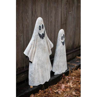  Set of 2 Painted Metal Ghost Yard Decor 35" H Grey Halloween Yard Display Figures