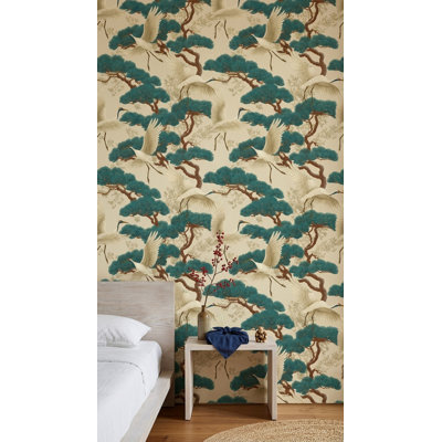 Papier peint oriental Grues et pins