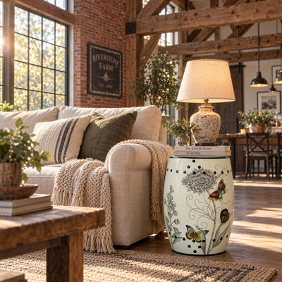 Tabouret de jardin en céramique à motif chrysanthème blanc et papillon
