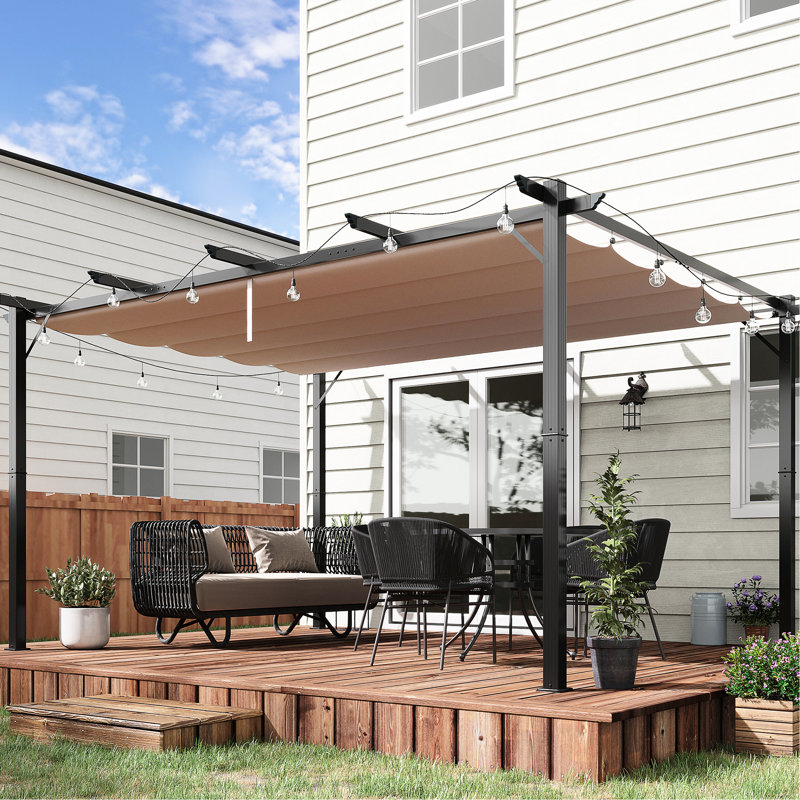 10' X 13' Pergola With Sliding Canopy - Backyard Shade For Patio, Outdoor Celebration, Garden, Grill Gazebo Charcoal Gray Aluminum Retractable Porch, Party,