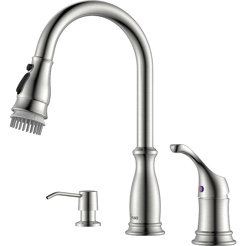 Robinet de cuisine rétractable à 3 trous avec pulvérisateur rétractable et distributeur de savon APPASO, Nickel brossé