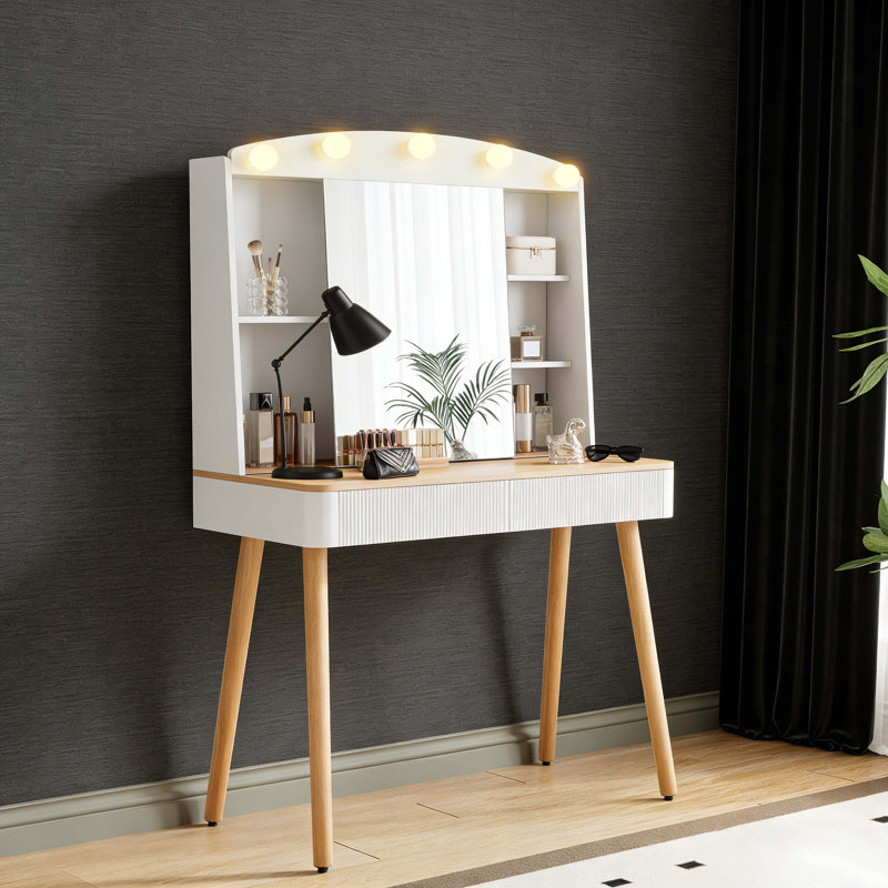 Petit meuble-lavabo avec miroir et lumières, grande capacité de rangement et miroir coulissant, ensemble de meuble-lavabo avec deux tiroirs cannelés, coiffeuse 3 couleurs d'éclairage (blanc)