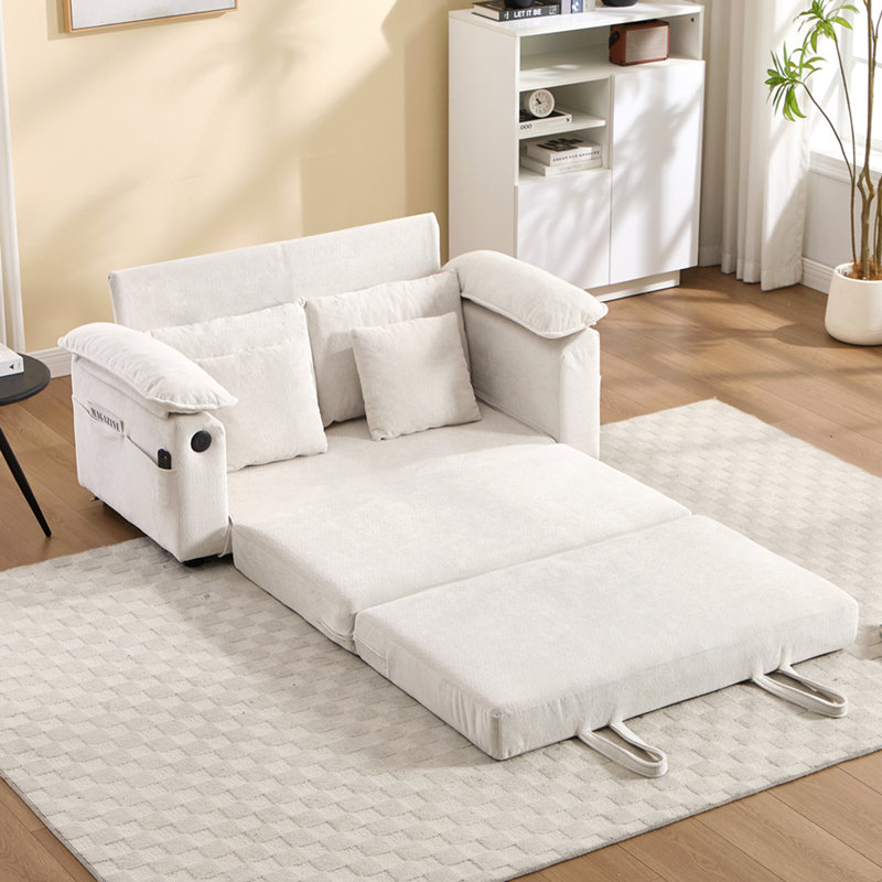 Canapé-lit futon convertible 3-en-1 58 po 58 po, causeuse pliable capitonnée avec canapé-lit escamotable, causeuse à dossier rabattable avec poches latérales pour le salon - blanc