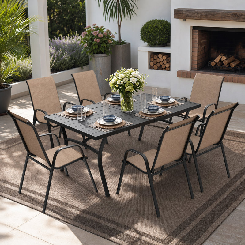 Ensemble repas d'extérieur rectangulaire pour 6 personnes avec chaises empilables Textilene, Noir / brun