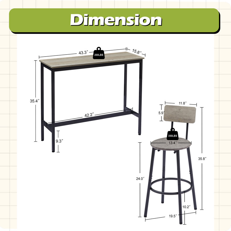 Bar Table Set With 2 Bar Stools PU Soft Seat With Backrest, Gray