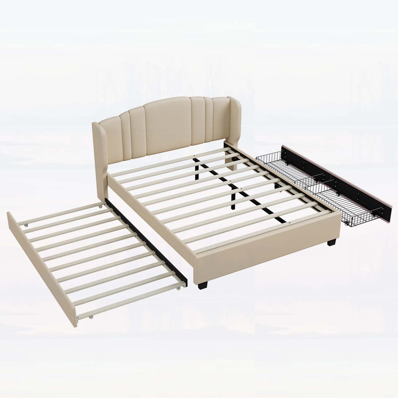 Élégant lit plateforme tapissier avec tête de lit à oreilles, lit gigogne simple et tiroirs de rangement, aucun sommier requis, tissu en lin, grand