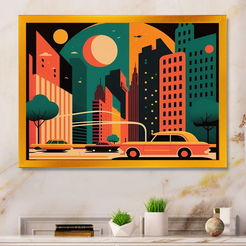 Futuriste paysage urbain I - reproduction sur toile, H 30 po x l 40 po x P 1,5 po, Impression dorée sur toile encadrée