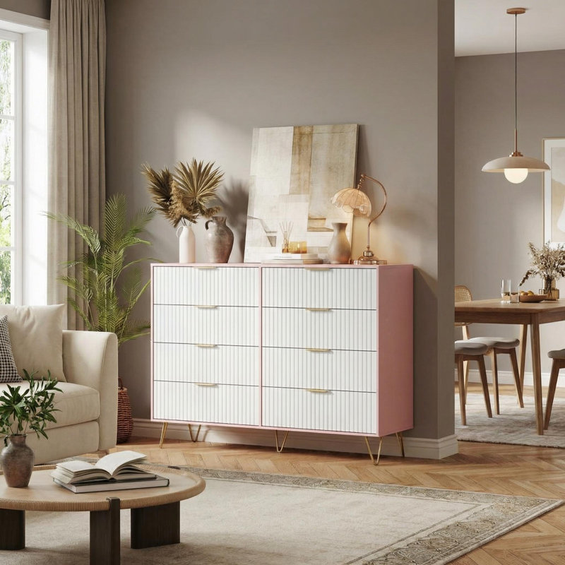 Commode moderne de 55 po de largeur avec poignée en métal pour le salon, couloir, Rose/Blanc
