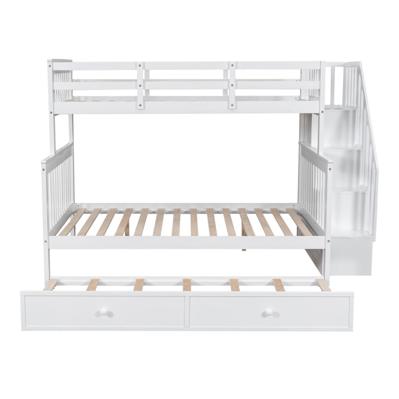 Lit superposé simple au-dessus d'un lit double avec lit gigogne simple, tiroirs de rangement et garde-corps - Lit simple pour adulte, peu encombrant, blanc