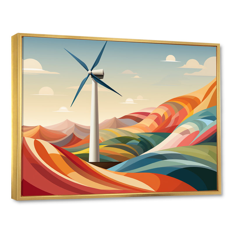 «Green Holland Windturbine Meadow Views II - Wind Turbines», art mural, Cadre flottant doré, H 30 po x l 40 po x P 1,5 po