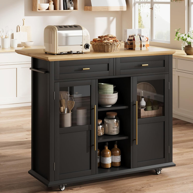 Kitchen Island, Rolling Kitchen Island Cart On Wheels With Widen Drop Leaf Top, Black