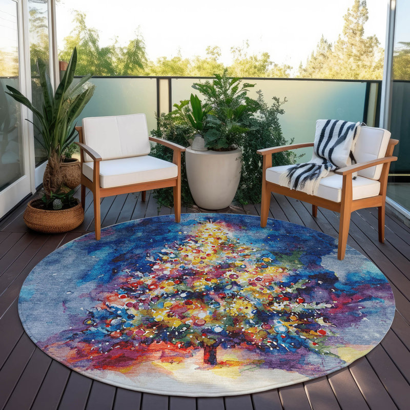 Machine Washable Indoor/Outdoor Christmas Tree Xhevrie Navy Rug, Round 8'