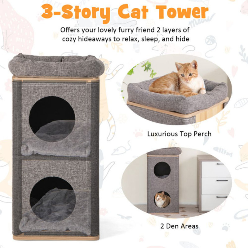 Gray 3-Story Cat House with Sisal Scratching Board
