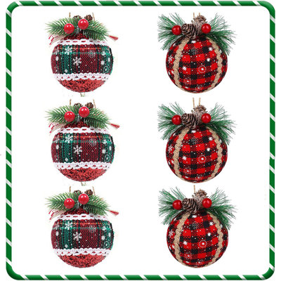 6PCS Christmas Plaid Ball Ornaments - Plaid Fabric Ball Ornaments，with Pine Cones and Greenery, Plaid Christmas Tree Hanging Balls Ornament Festive Decoration