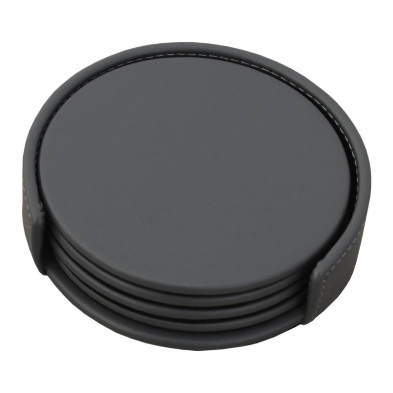 Leather Round 4 Piece Coaster Set, Gray