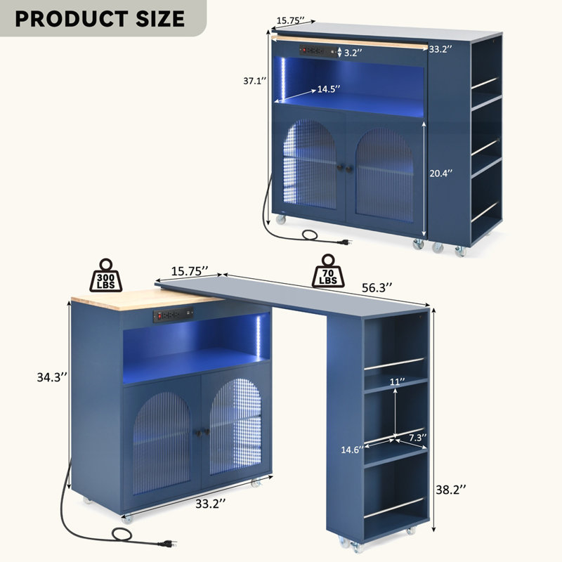 Navy Blue Rolling Kitchen Island with Fluted Glass Doors