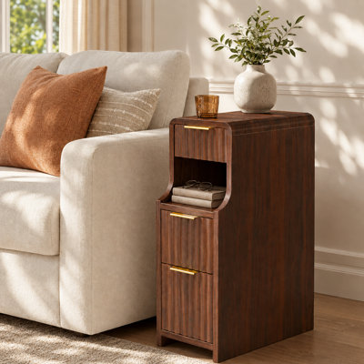 3 Drawer Narrow End Table with Open Shelf, Small Side Table for Living Room Bedroom