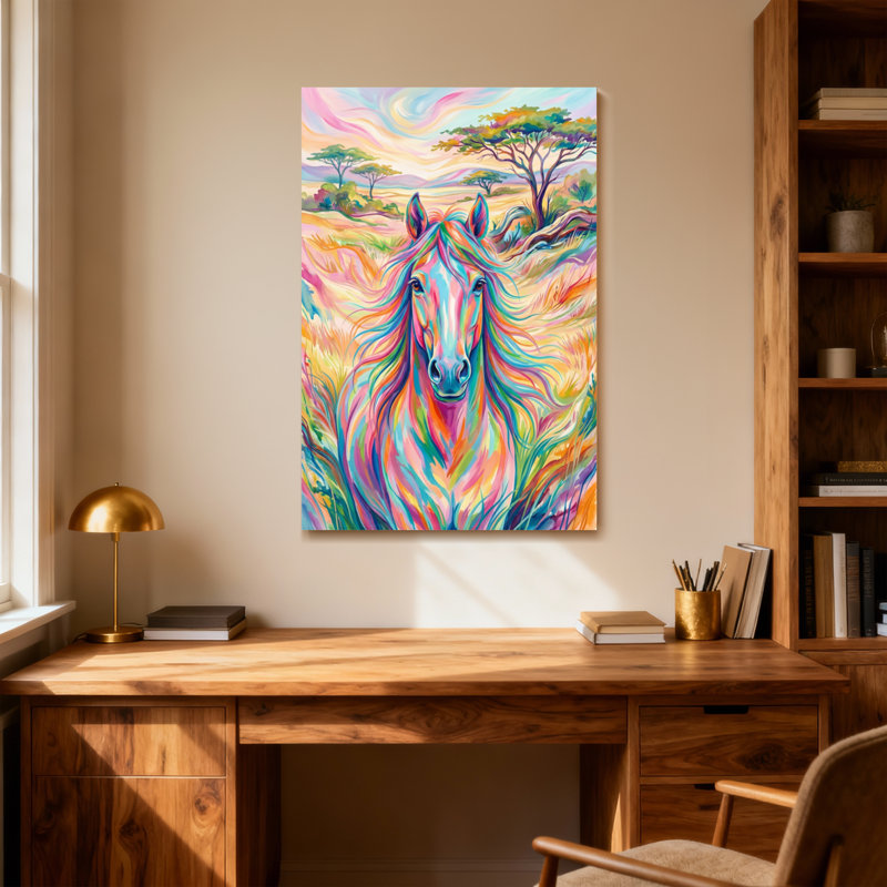 Animaux, cheval coloré avec crinière arc-en-ciel et fond de paysage, H 12 po x l 18 po