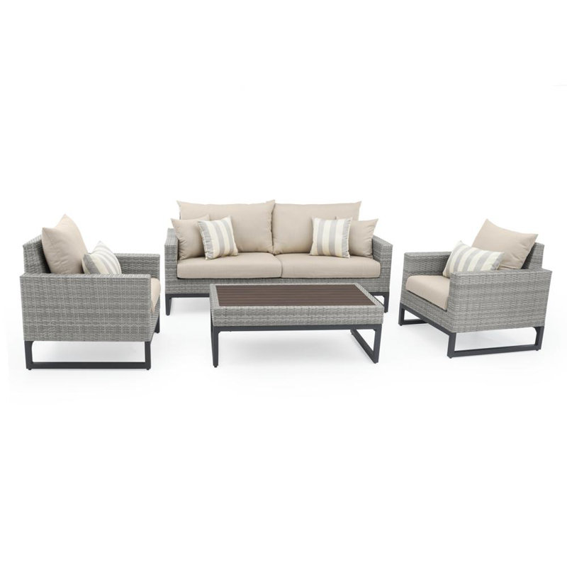 Milo 4 Piece Rattan Sunbrella Sofa Set with Cushions, Beige, Gray