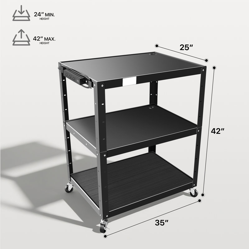 Chariot utilitaire à 3 niveaux avec roues, chariot d'ordinateur roulant avec multiprise, prises de courant et ports USB