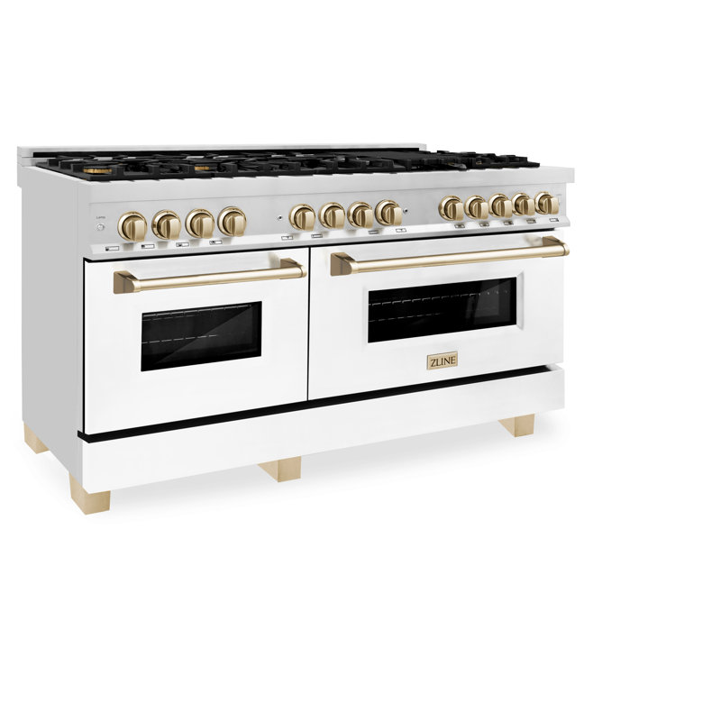 ZLINE Autograph 60" Legacy Dual Fuel Range w/ 9 Burners, Gold/Stainless Steel/White Matte