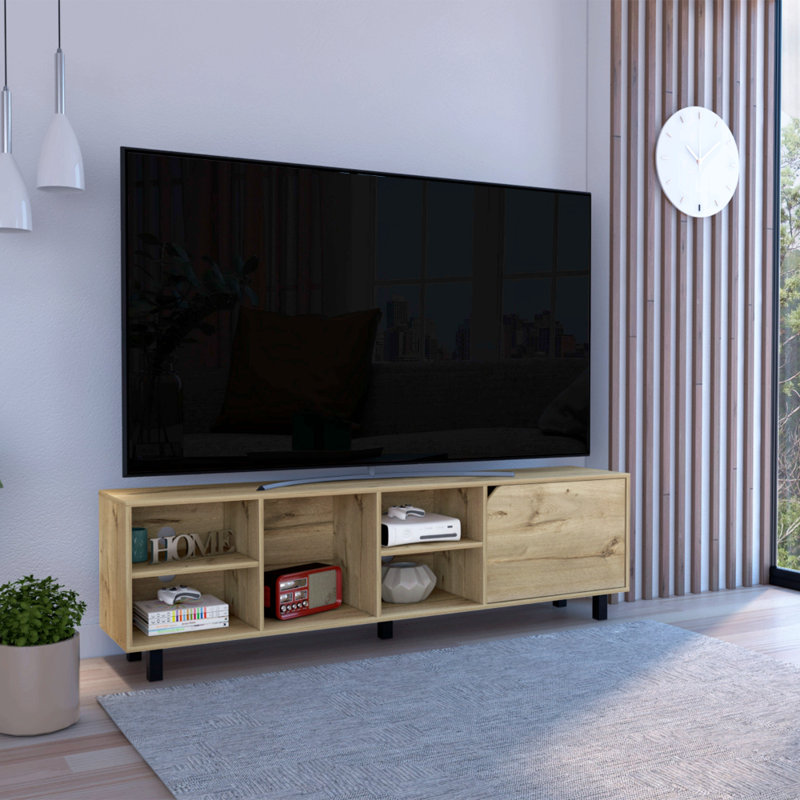 Meuble télé pour téléviseur 70 po, quatre tablettes ouvertes, cinq pieds, chêne clair