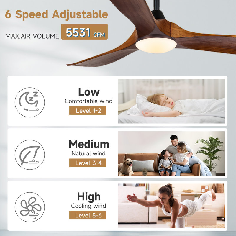 3 - Blade Modern Solid Wood Ceiling Fan With Light And Remote Control, Brown Wood, 52"
