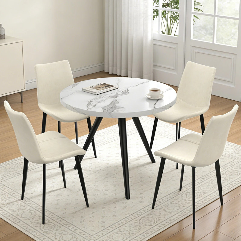 Ensemble de table de salle à manger 5 pièces, table de cuisine moderne 34,7 po avec chaises, Blanc, Beige